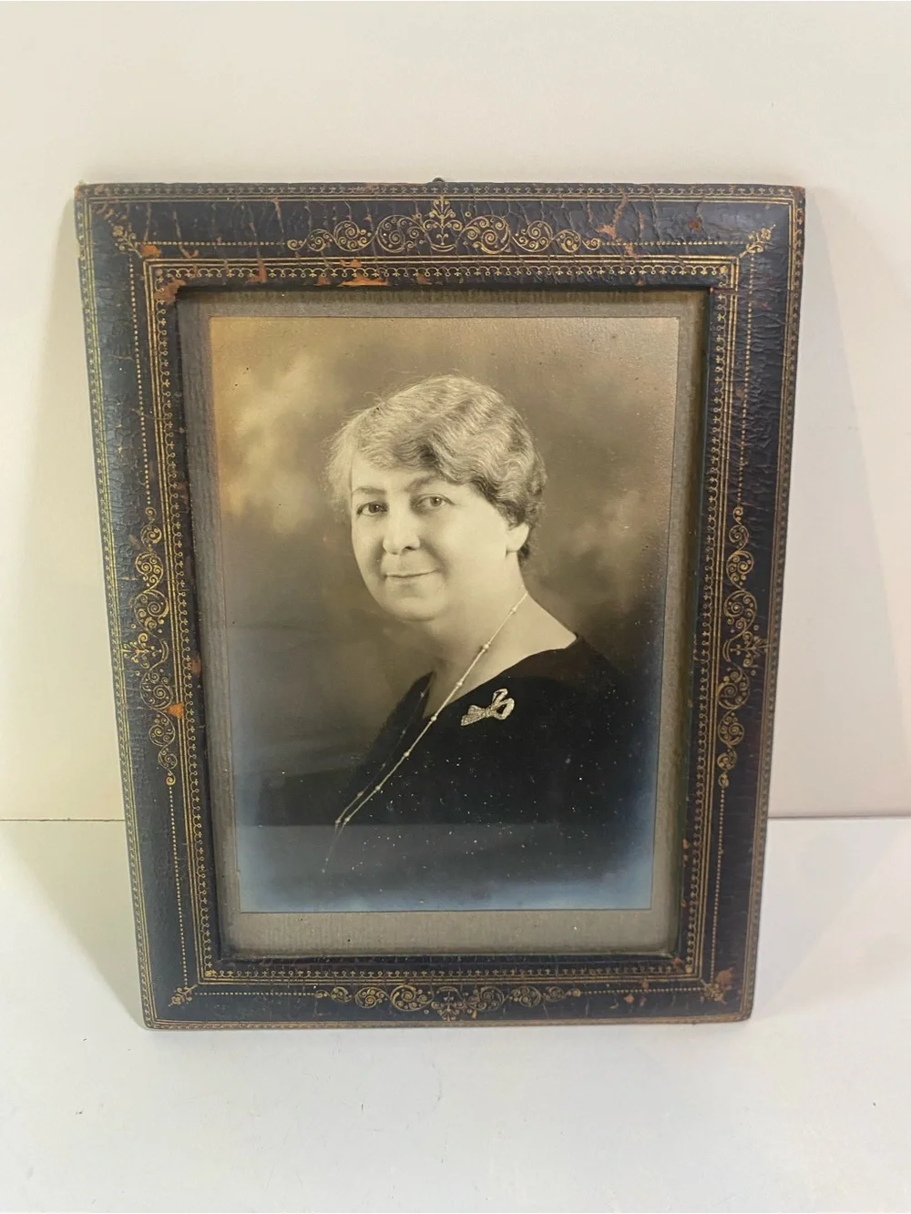 Antique 1920s Matriarch Portrait Antique Paper Gold Design Frame Brass Hardware
